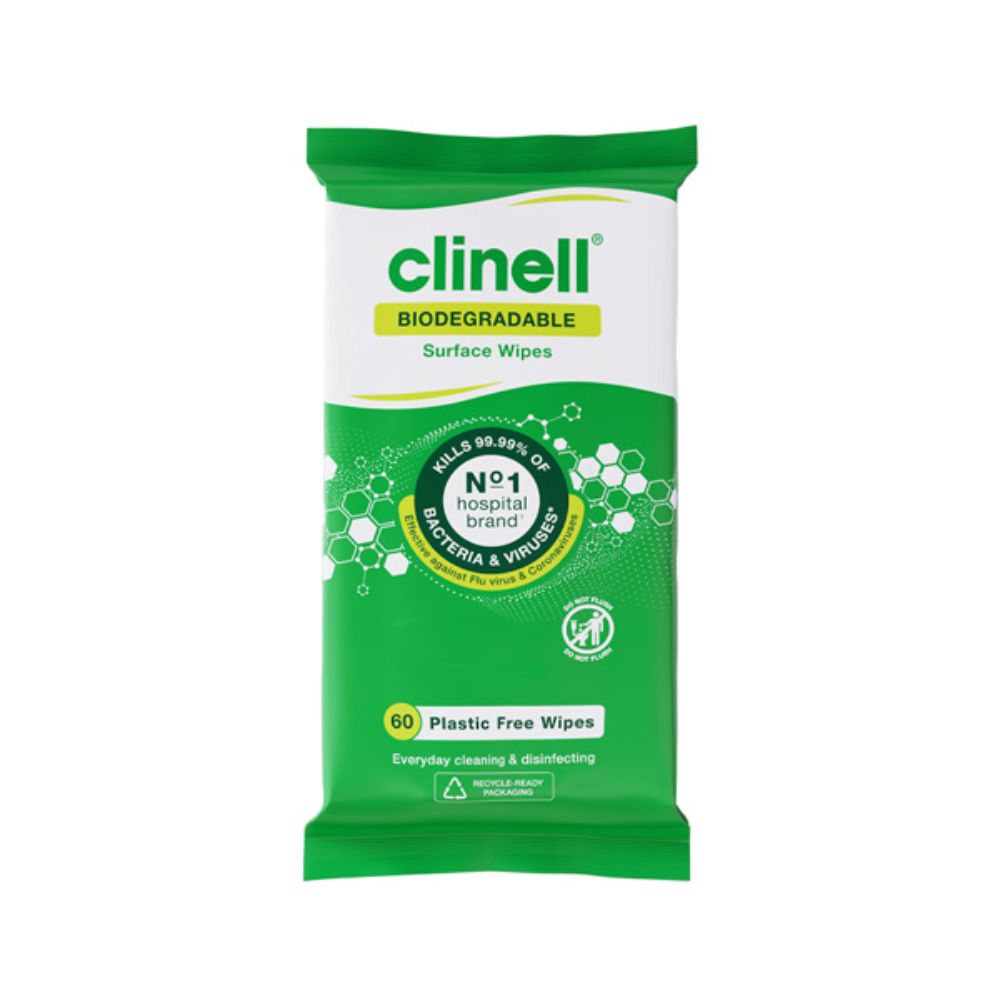 Toallitas para superficies biodegradables universales Clinell, paquete de 60