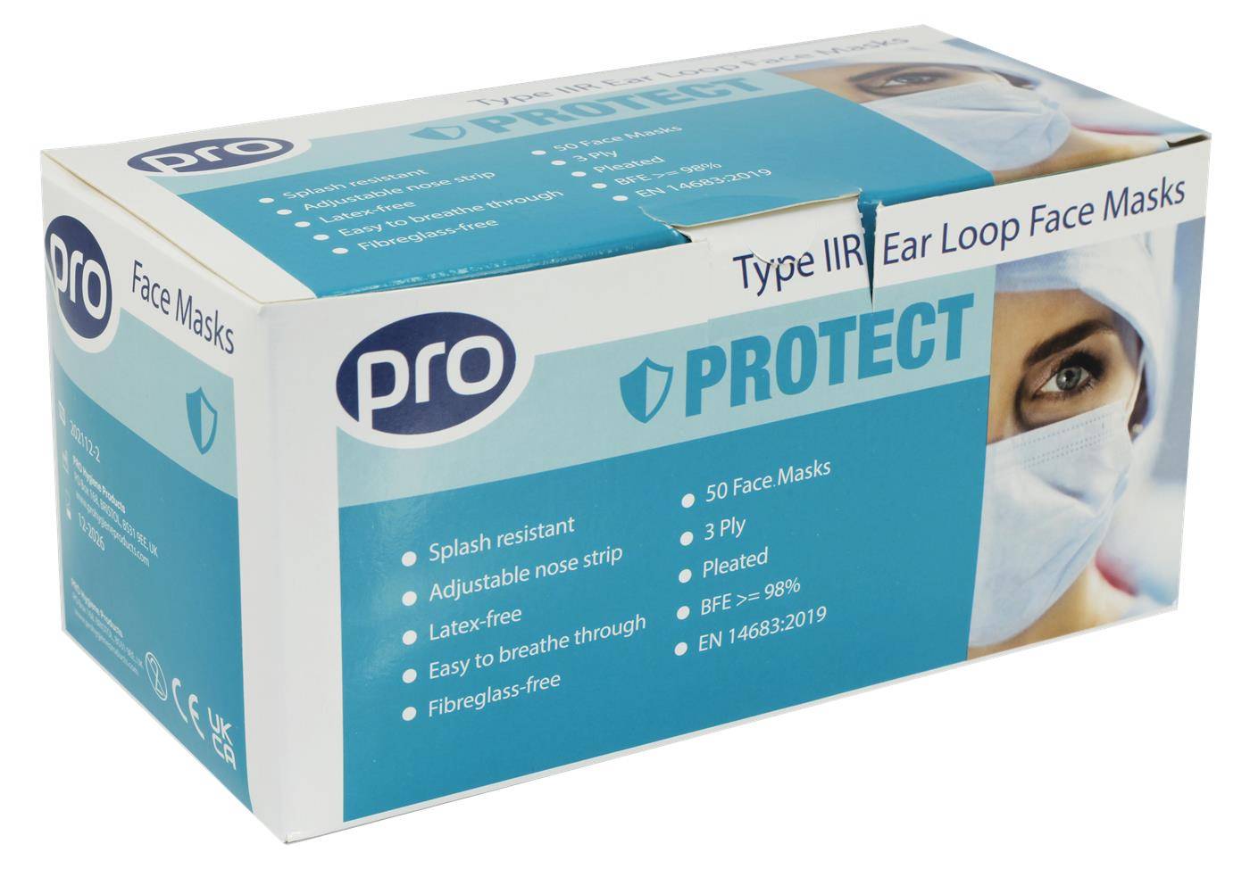 Mascarilla facial PRO tipo IIR resistente a fluidos, paquete de 50