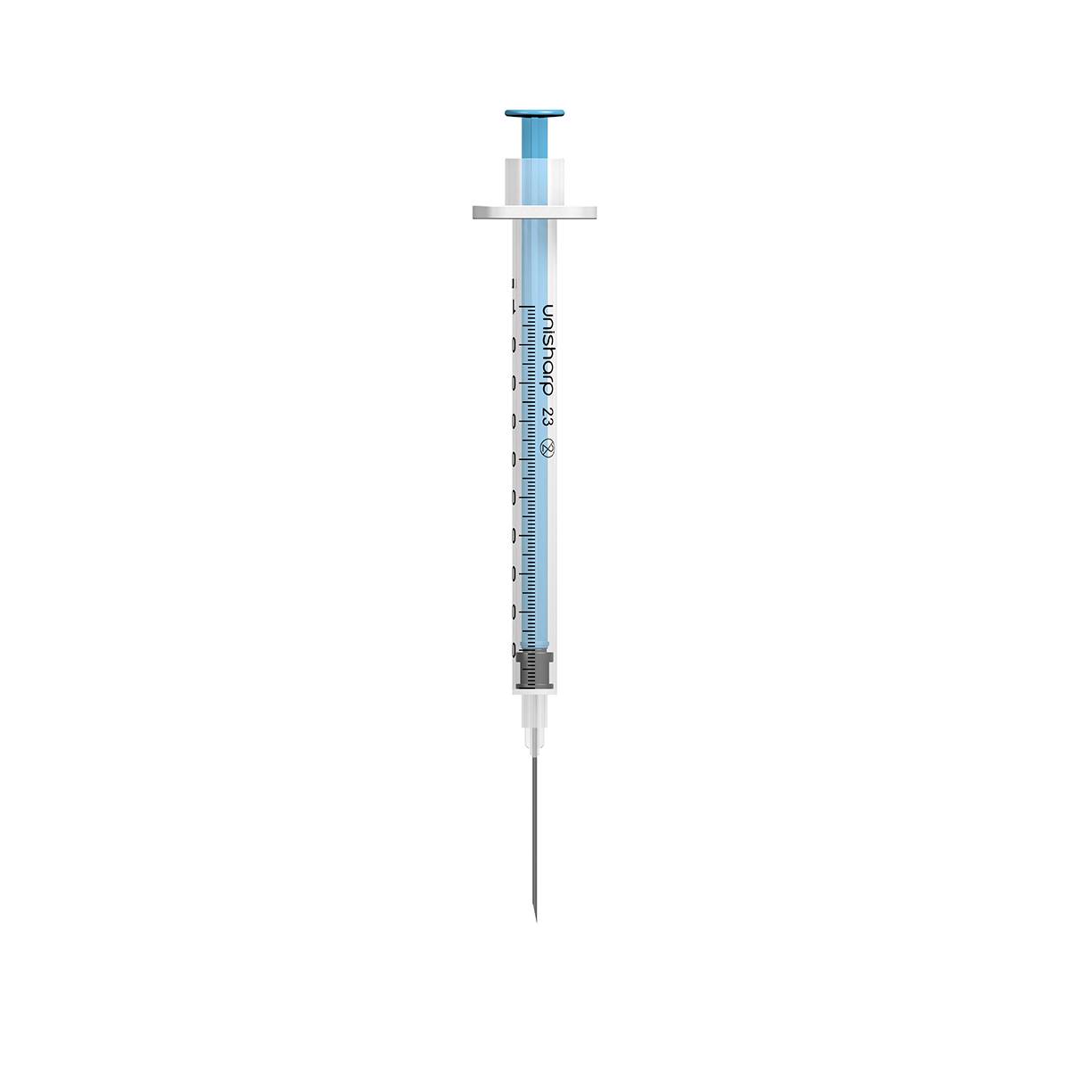 Jeringa de aguja azul fija Unisharp de 1 ml, 23 G, 25 mm, 1 pulgada, u100