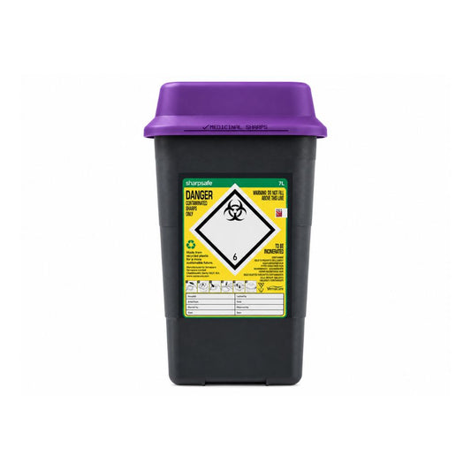 Contenedor Sharpsafe ancho reciclado para objetos punzocortantes, de 7L, con tapa morada