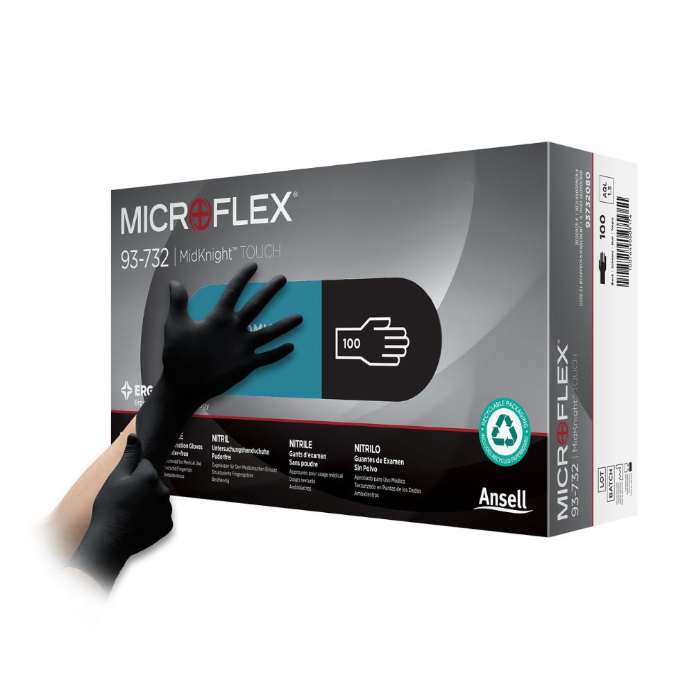 Guantes de examen de nitrilo negro Ansell Microflex MidKnight Touch, caja de 100