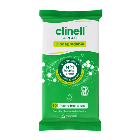 Toallitas para superficies biodegradables universales Clinell, paquete de 60