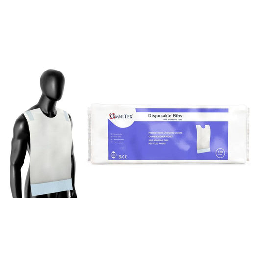 Omnitex Baberos desechables para adultos con pestañas adhesivas, paquete de 100
