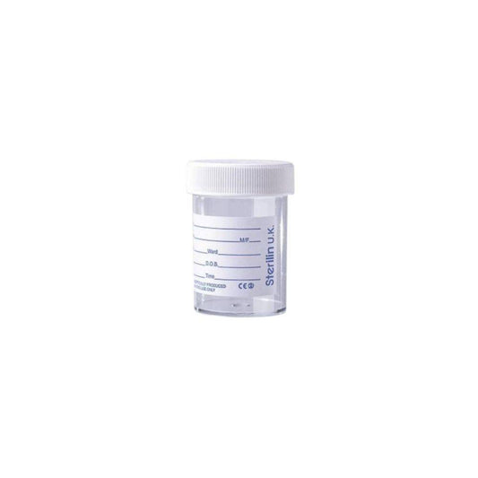 Botella de orina Sterilin de 60 ml con etiqueta