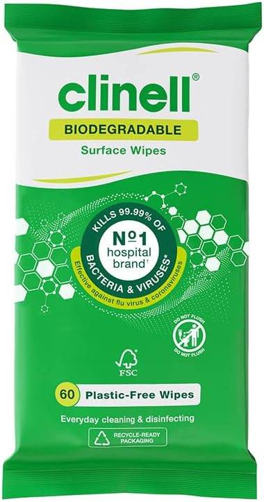 Toallitas para superficies biodegradables universales Clinell, paquete de 60