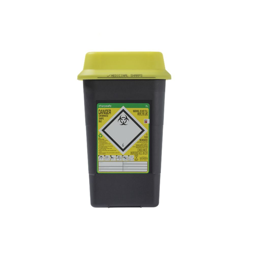 7L Wide Sharpsafe Recycled Sharps Bin with Yellow Lid