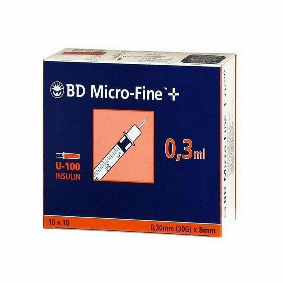 Jeringa y aguja microfina BD de 0,3 ml, 30 g y 8 mm u100