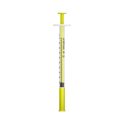 Jeringa y aguja Unisharp amarillas de 1 ml, 0,5 pulgadas, 29 g, u100