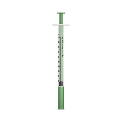 Jeringa y aguja Unisharp verde de 1 ml, 0,5 pulgadas, 29 g, u100