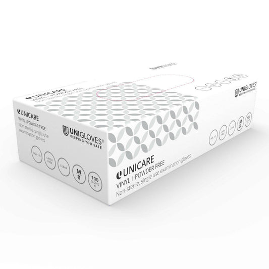 Unicare Guantes de examen de vinilo transparente (EN455) 100 guantes por caja