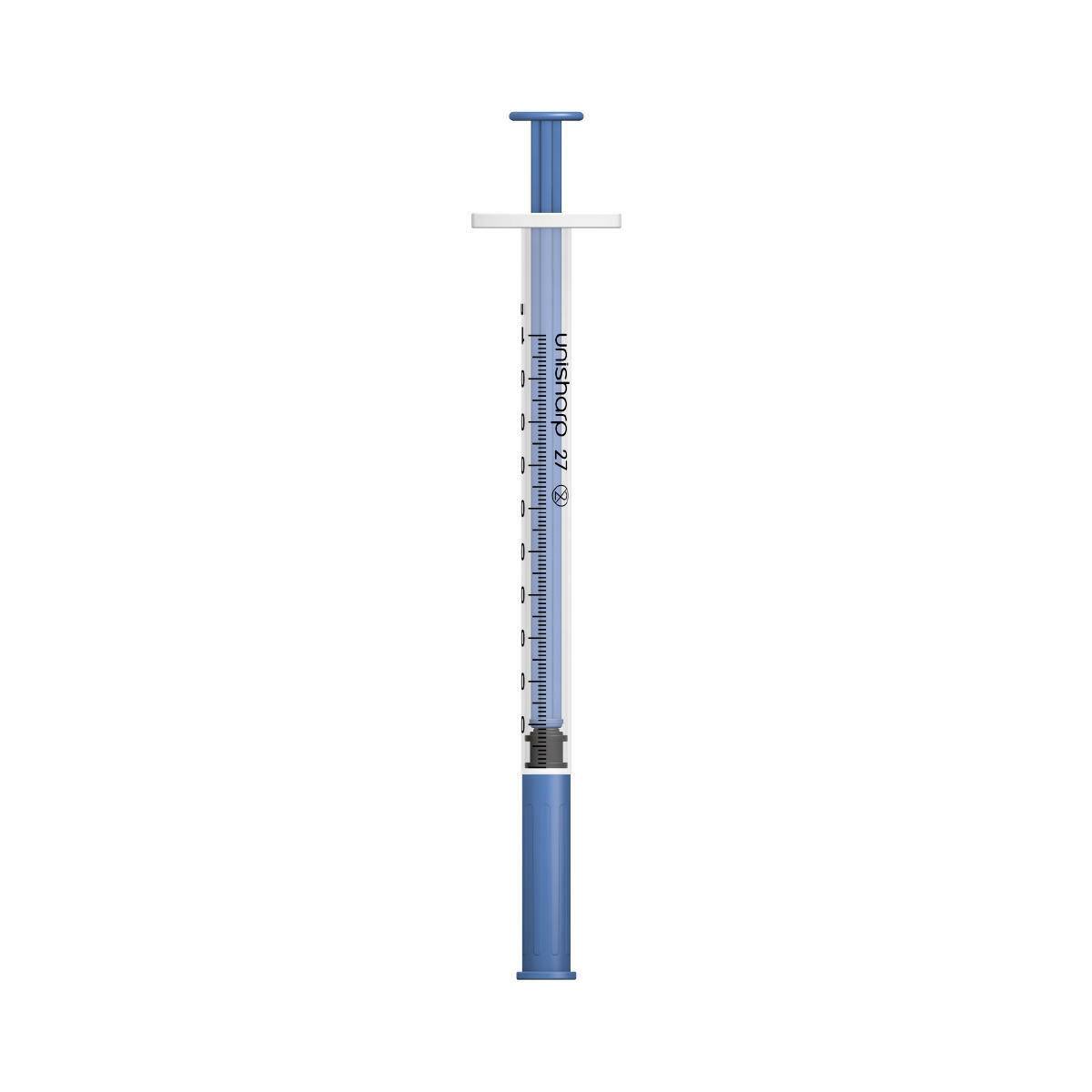 Jeringa y aguja Unisharp azul de 1 ml, 0,5 pulgadas, 27 g, u100