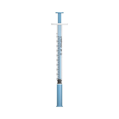 Jeringa y aguja Unisharp azul de 1 ml, 0,5 pulgadas, 29 g, u100