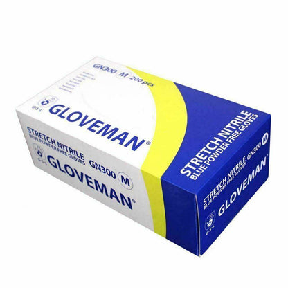 Guantes azules sin polvo de nitrilo Gloveman, caja de 200