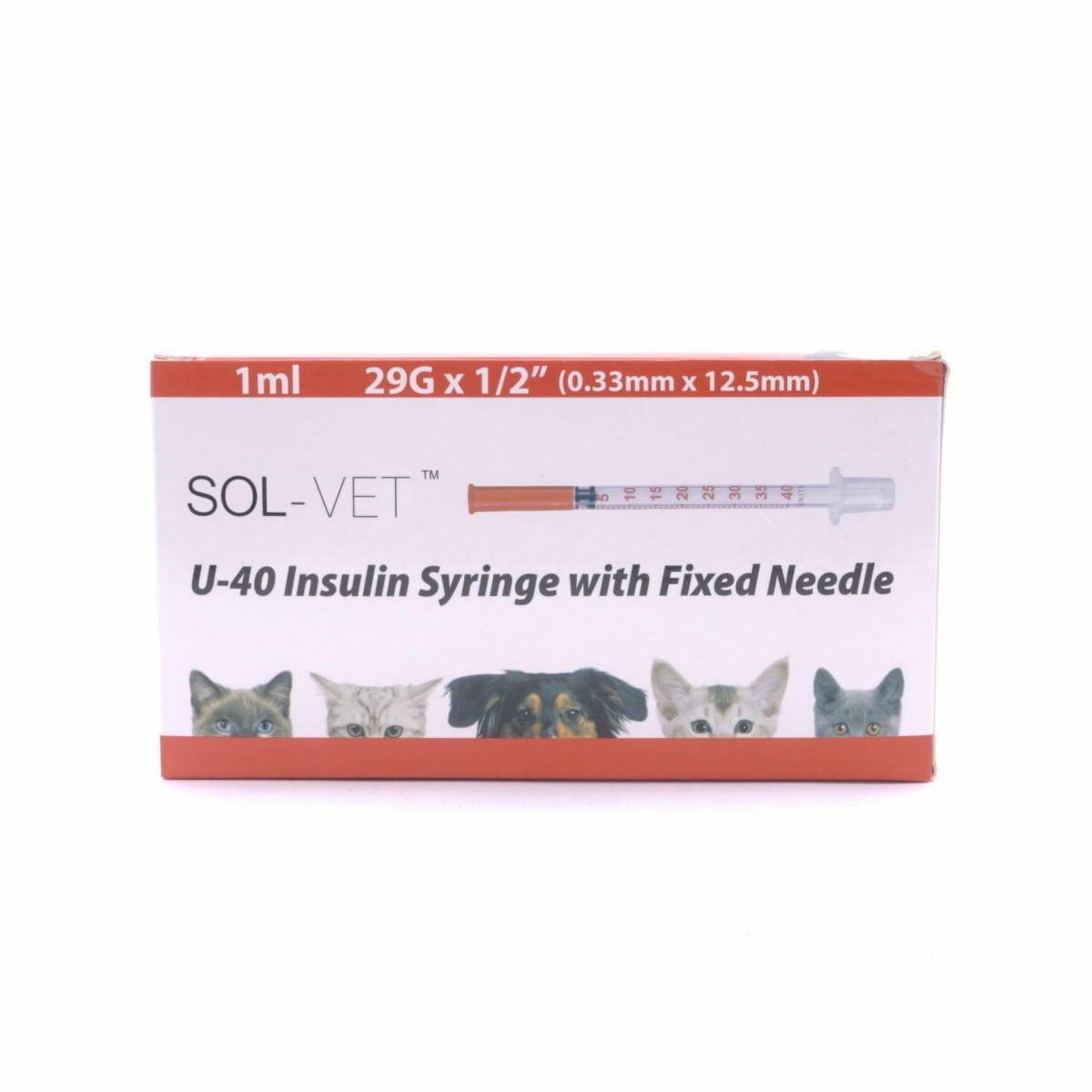 Jeringa Sol-Vet U40 de 1 ml, 29 g x 0,5 pulgadas, con aguja fija