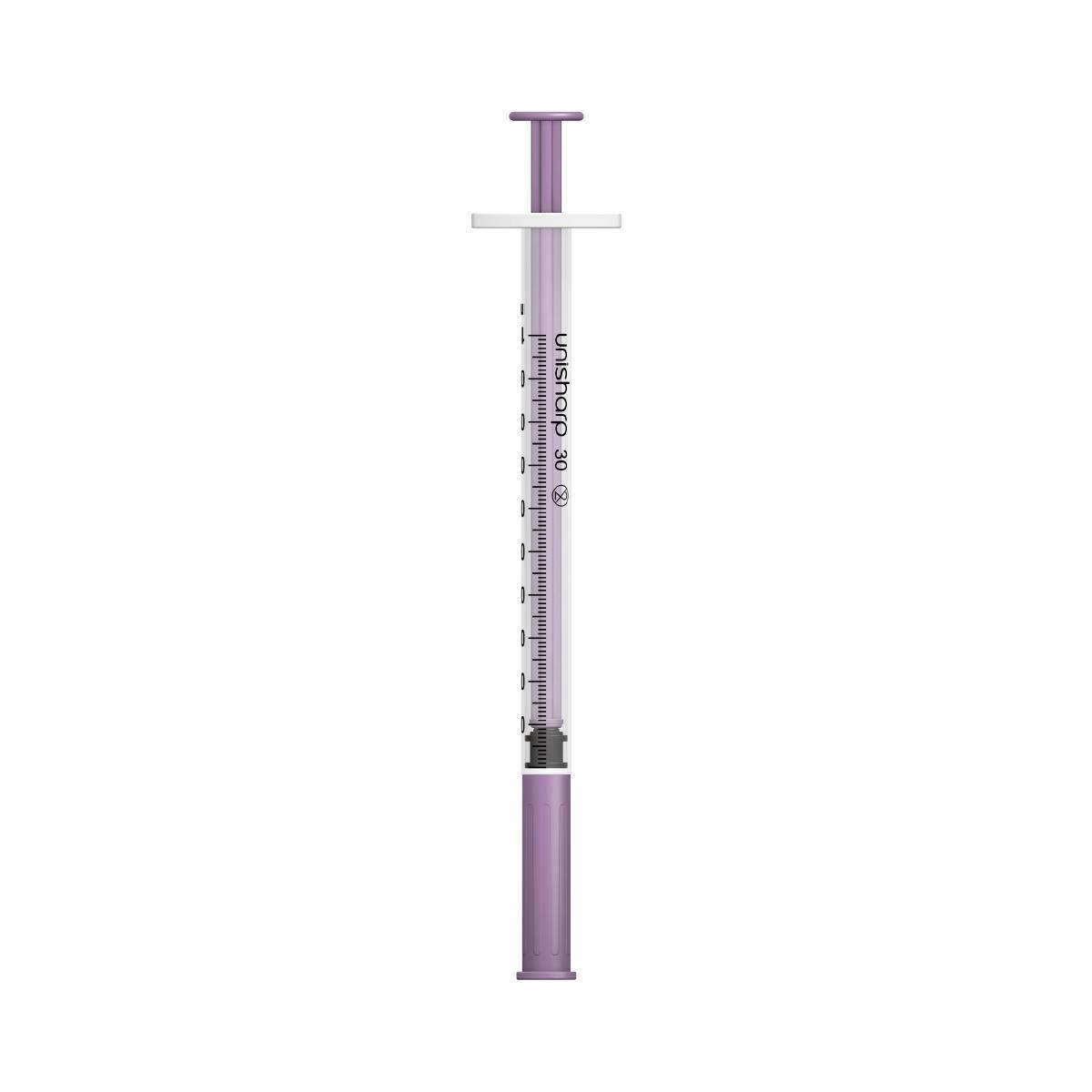 Jeringa y aguja Unisharp moradas de 1 ml, 0,5 pulgadas y 30 g u100