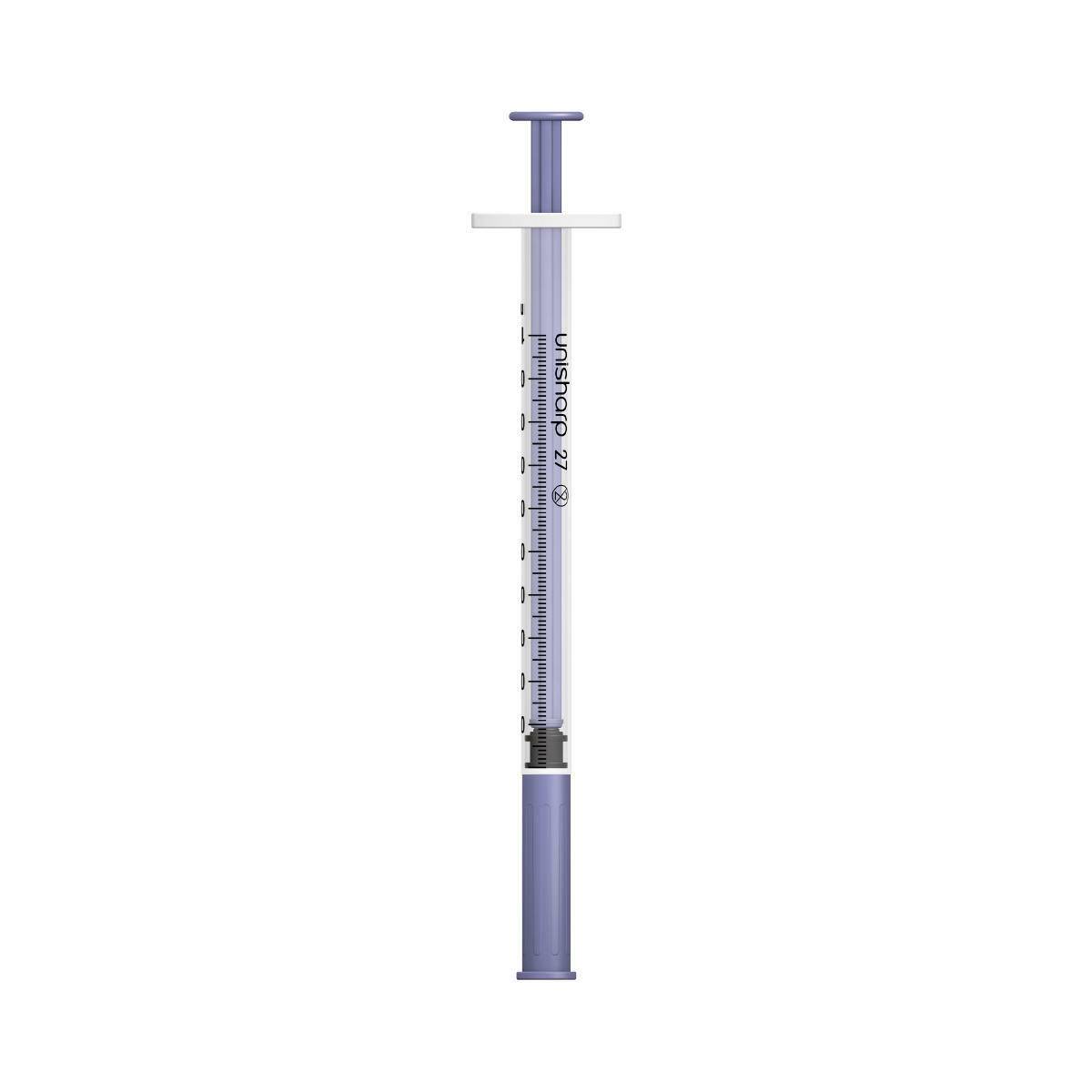 Jeringa y aguja Unisharp violeta de 1 ml, 0,5 pulgadas, 27 g, u100