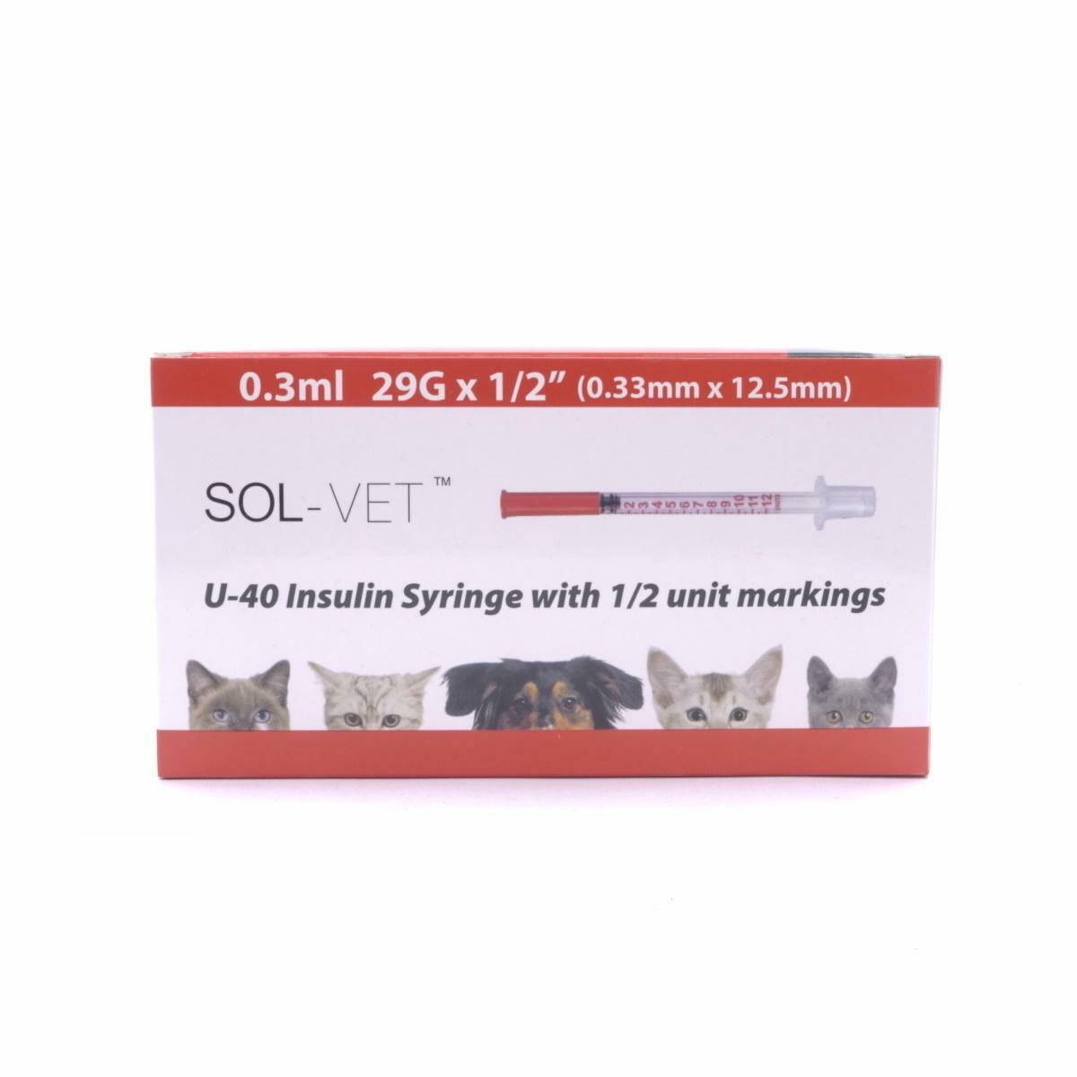 Jeringa Sol-Vet U40 de 0,3 ml, 29 g y 0,5 pulgadas con aguja fija