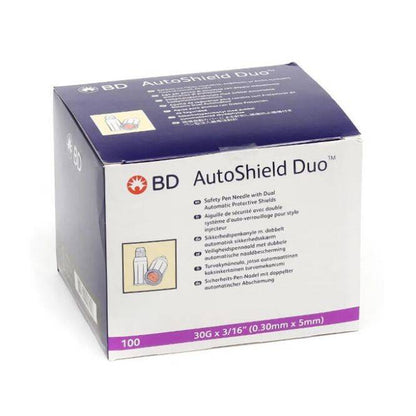 Agujas para bolígrafo BD AutoShield Duo de 30 g x 5 mm, caja de 100