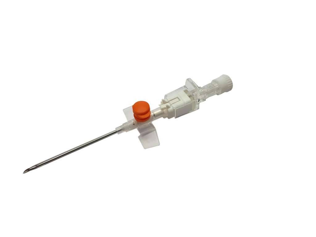 Cánula intravenosa con alas y con puerto Terumo Versatus de 14 G, color naranja, 1,75 pulgadas