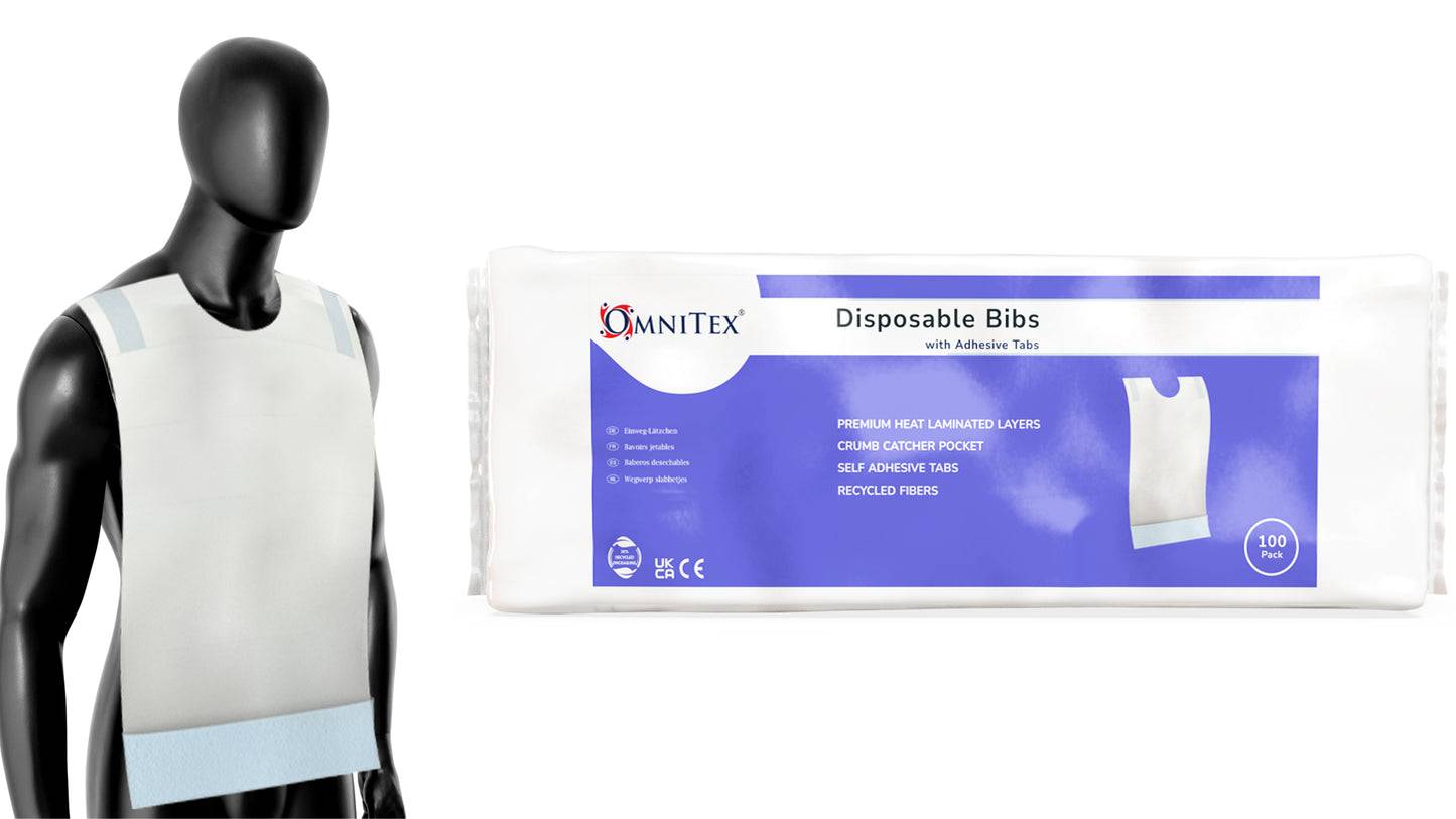 Omnitex Baberos desechables para adultos con pestañas adhesivas, paquete de 100