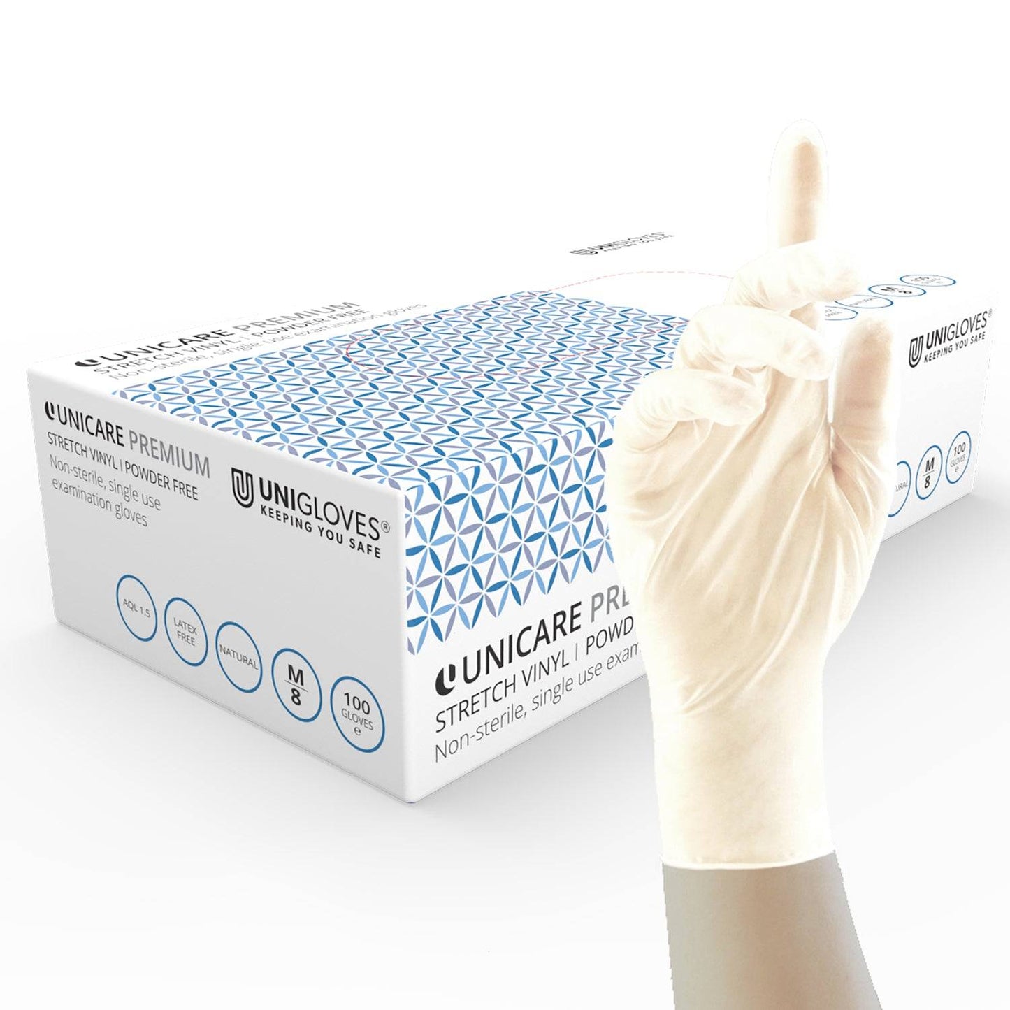 Guantes Unicare Premium de vinilo elástico para examen, color blanco, caja de 100