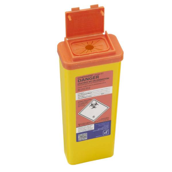 Contenedor para objetos punzantes Sharpsguard de color naranja de 0,5 litros
