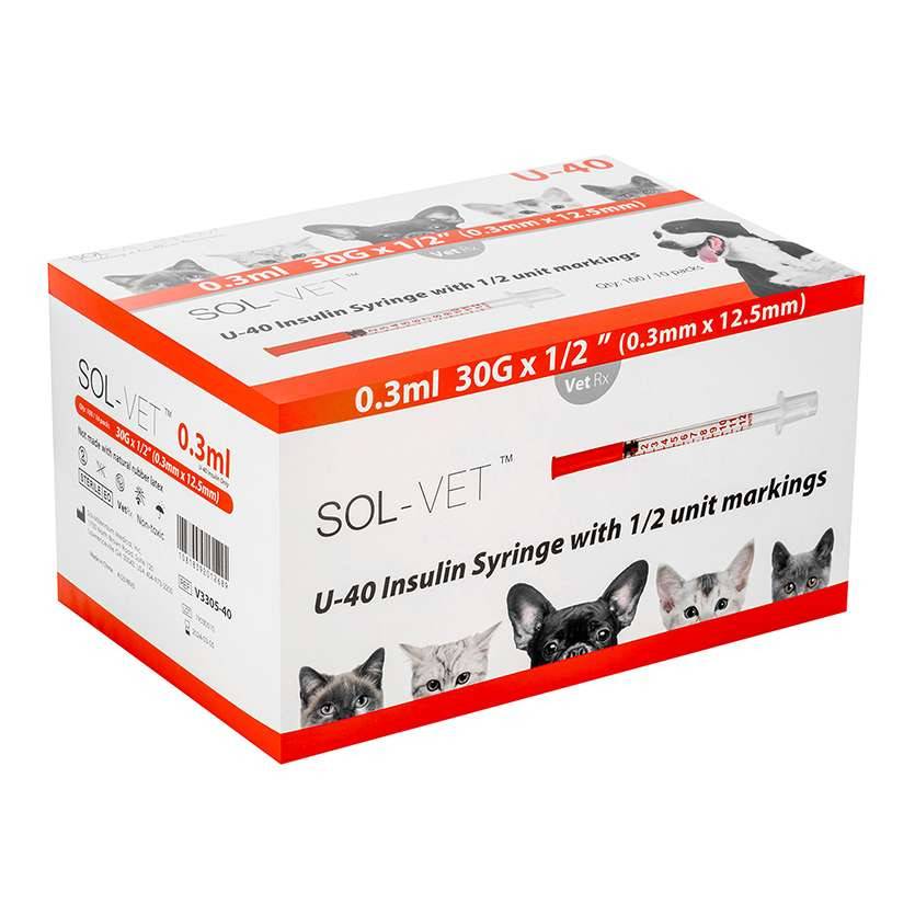 Jeringa Sol-Vet U40 de 0,3 ml, 30 g y 0,5 pulgadas con aguja fija