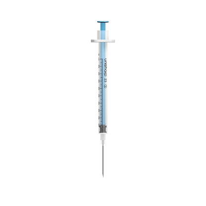 Jeringa de aguja azul fija Unisharp de 1 ml, 23 G, 25 mm, 1 pulgada, u100