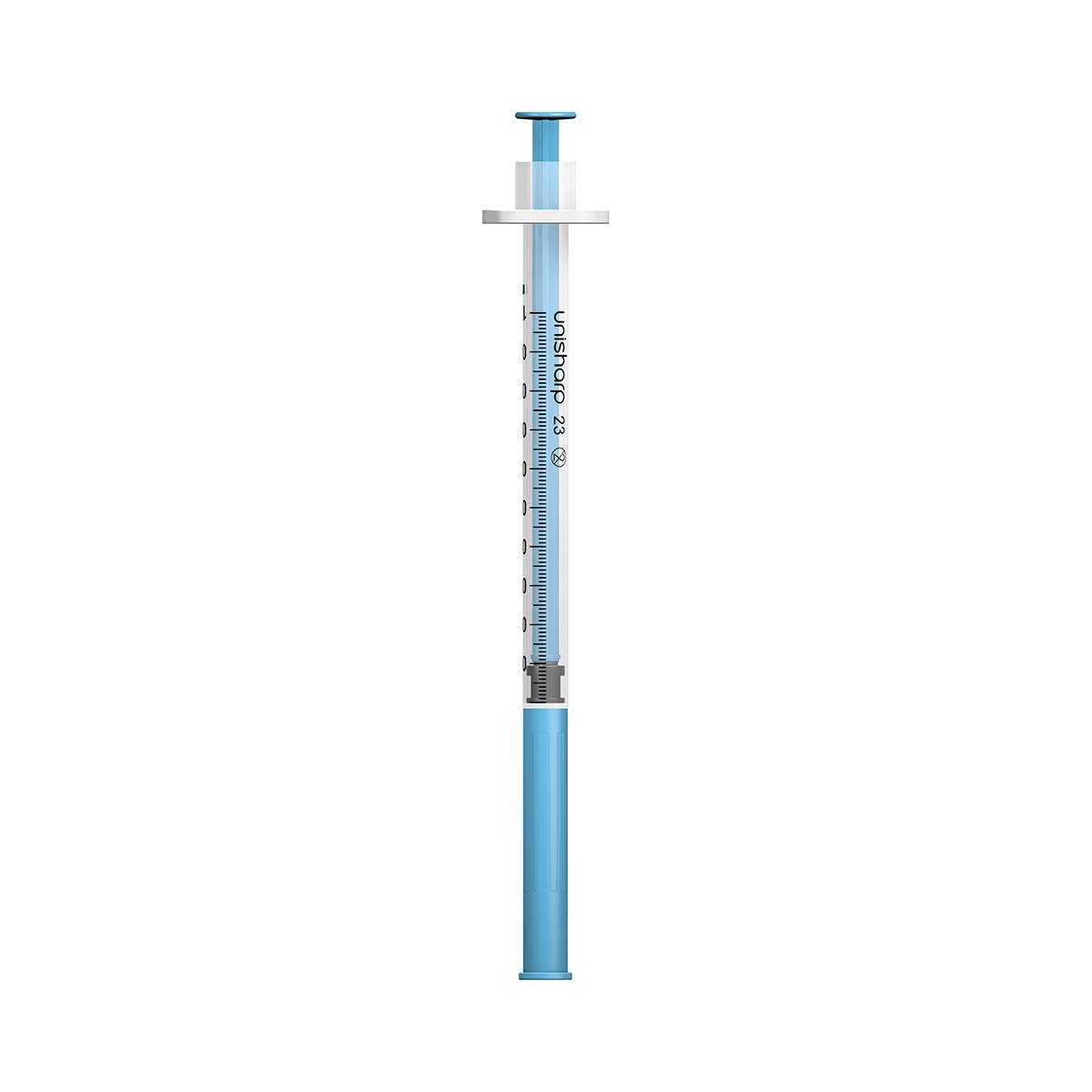 Jeringa de aguja azul fija Unisharp de 1 ml, 23 G, 25 mm, 1 pulgada, u100