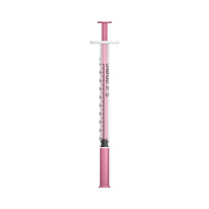 Jeringa y aguja Unisharp rosa de 1 ml, 0,5 pulgadas, 27 g, u100