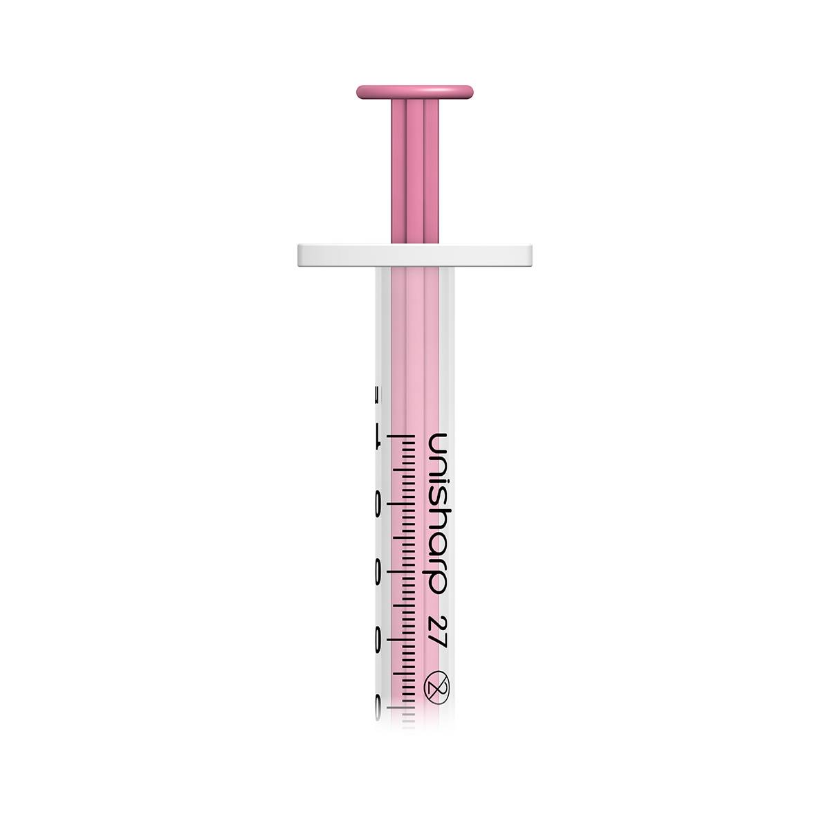 Jeringa y aguja Unisharp rosa de 1 ml, 0,5 pulgadas, 27 g, u100