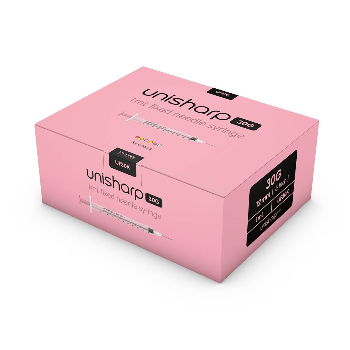 Jeringa y aguja Unisharp rosa de 1 ml, 0,5 pulgadas y 30 g u100