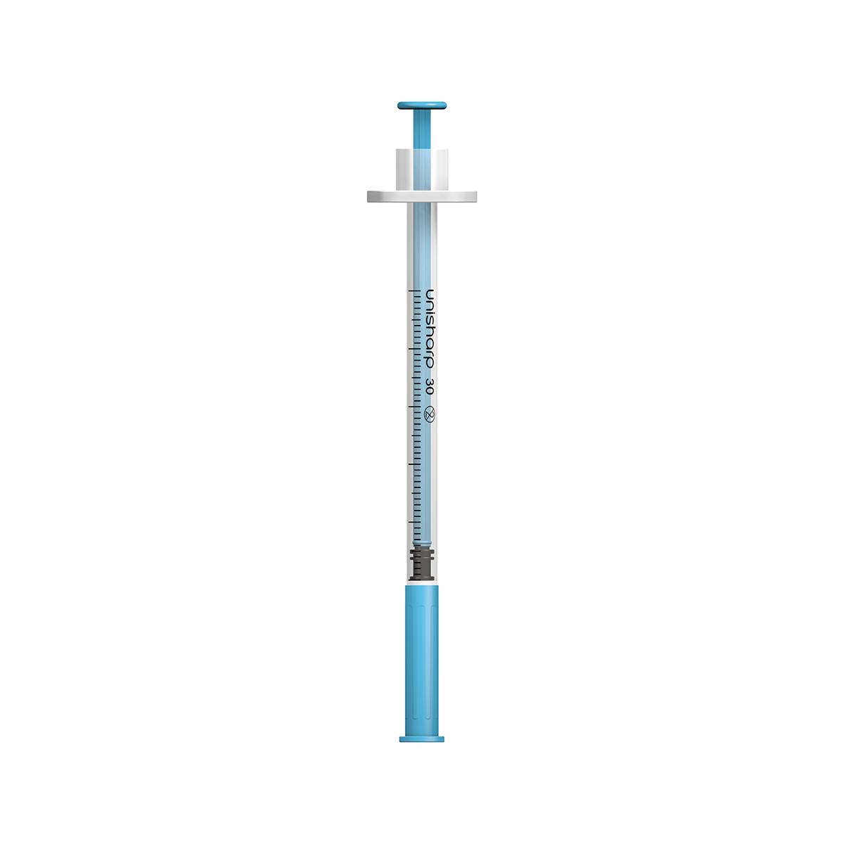 Jeringa y aguja Unisharp azul de 0,5 ml, 0,5 pulgadas y 30 g u100