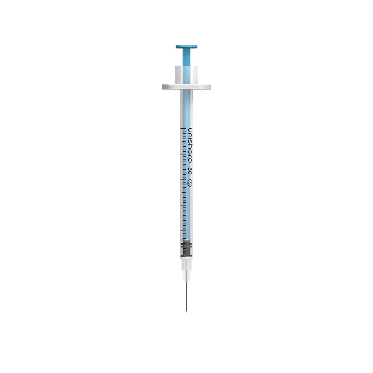 Jeringa y aguja Unisharp azul de 0,5 ml, 0,5 pulgadas y 30 g u100