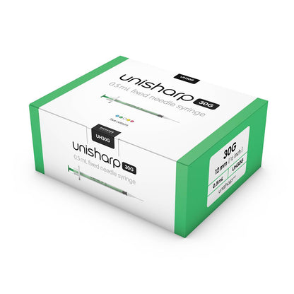 Jeringa y aguja Unisharp verde de 0,5 ml, 0,5 pulgadas y 30 g u100