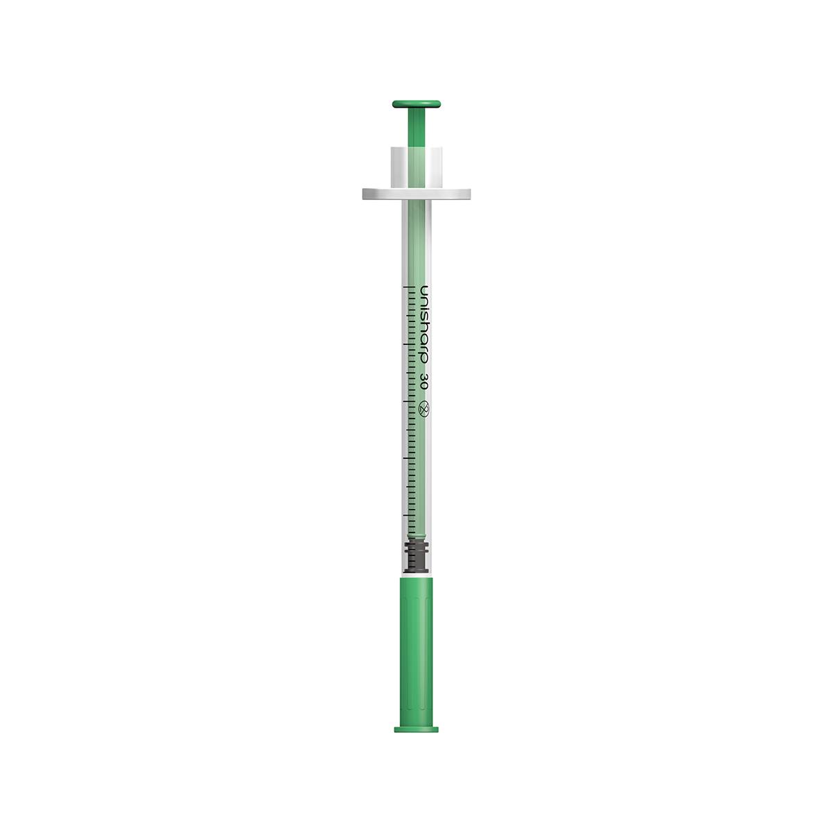 Jeringa y aguja Unisharp verde de 0,5 ml, 0,5 pulgadas y 30 g u100