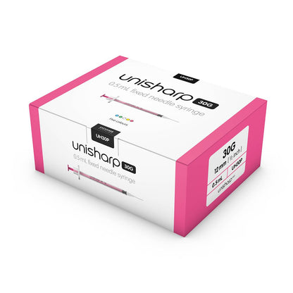 Jeringa y aguja Unisharp rosa de 0,5 ml, 0,5 pulgadas y 30 g u100