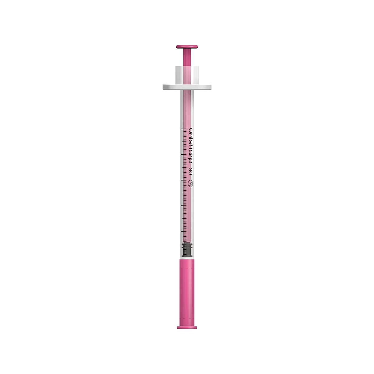 Jeringa y aguja Unisharp rosa de 0,5 ml, 0,5 pulgadas y 30 g u100