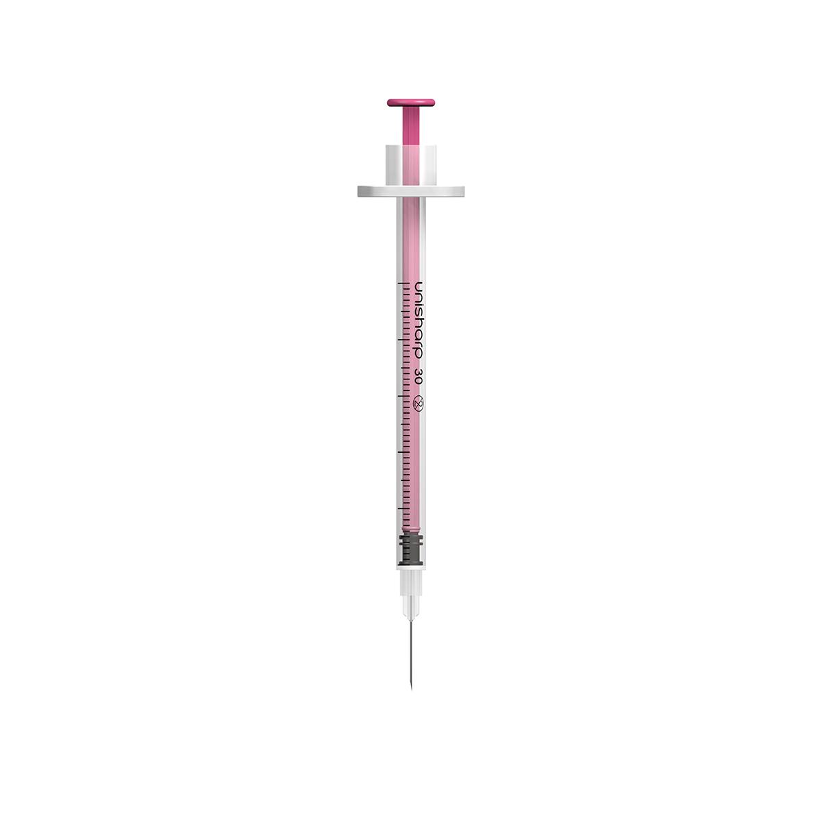 Jeringa y aguja Unisharp rosa de 0,5 ml, 0,5 pulgadas y 30 g u100