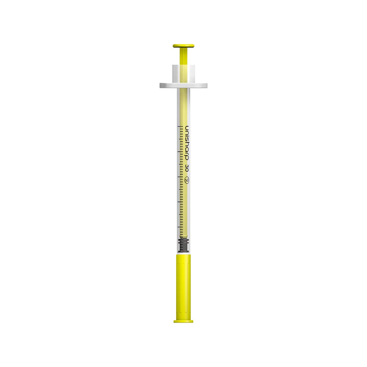 Jeringa y aguja Unisharp amarillas de 0,5 ml, 0,5 pulgadas y 30 g u100